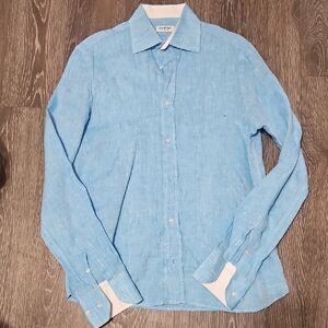 Men's Light Blue Linen Dress Shirt - Linen 100% Check Each Picture